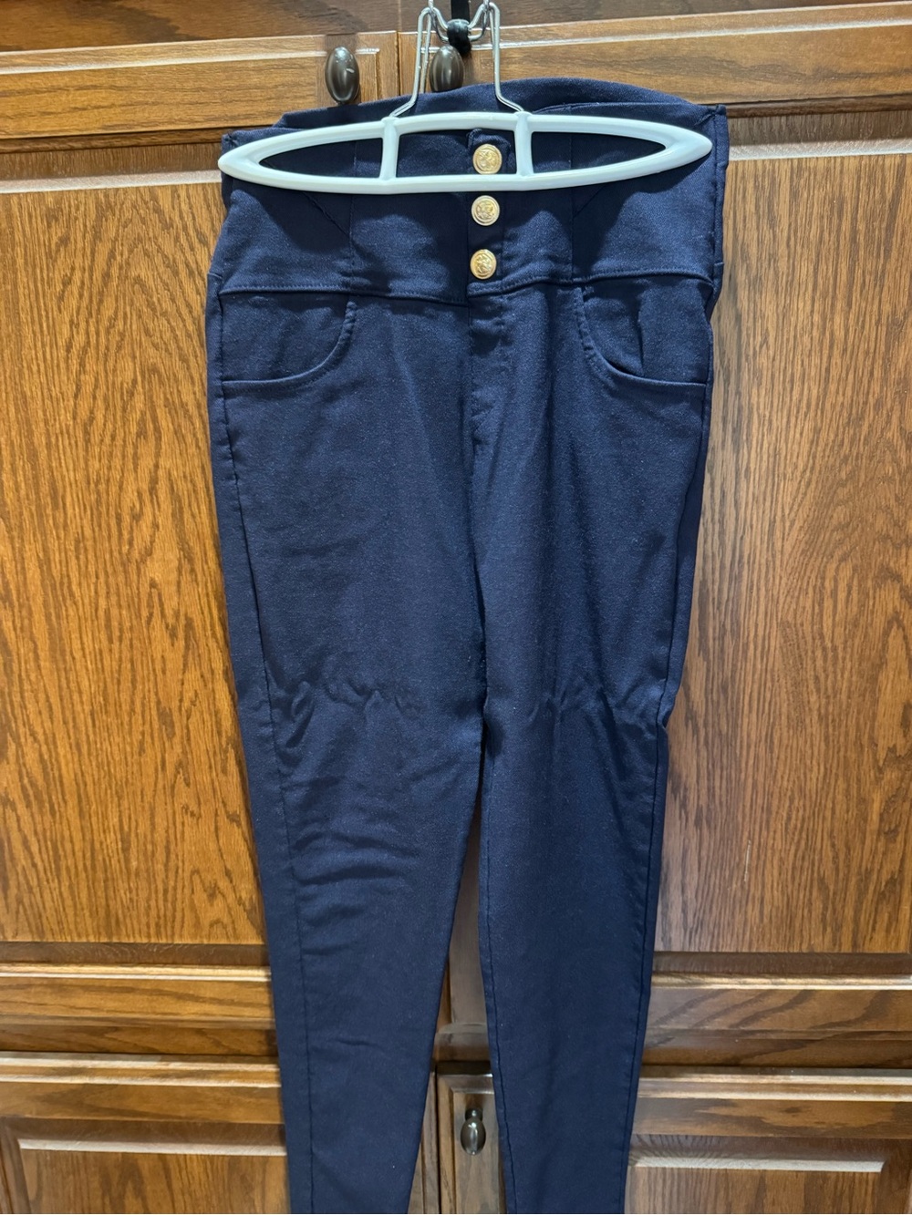 Navy Girls' High-Waist Ponte Leggings with Gold Buttons